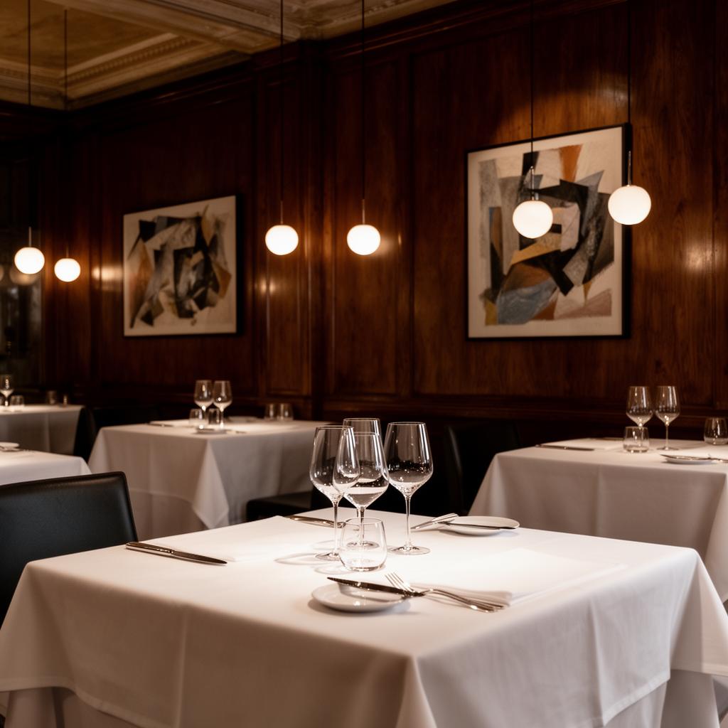 Enrico Bartolini al Mudec restaurant Milan refined three Michelin star fine dining room with white tablecloths, dark wood paneling, contemporary art and pendant lighting