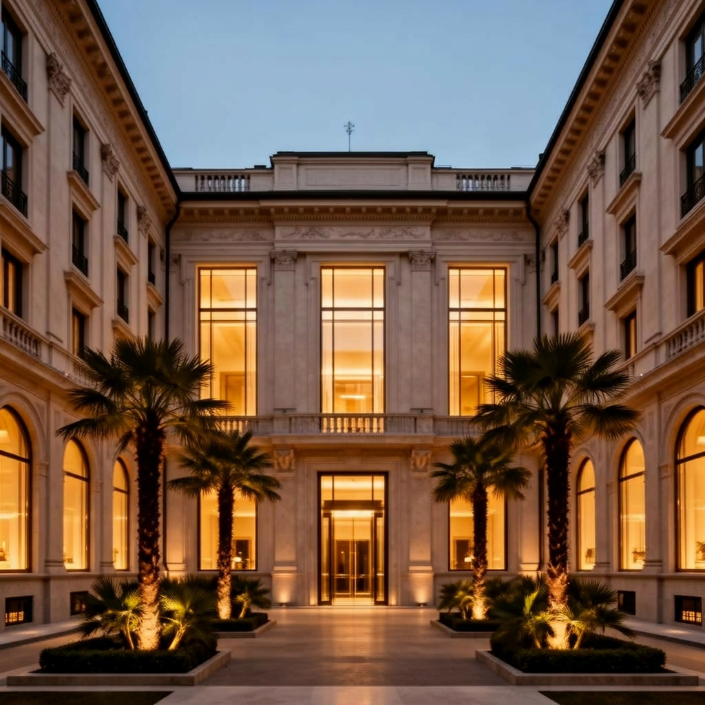 Bulgari Hotel Milano refined classical stucco palazzo facade at dusk with large warm glowing windows and palm trees in the private courtyard in Brera