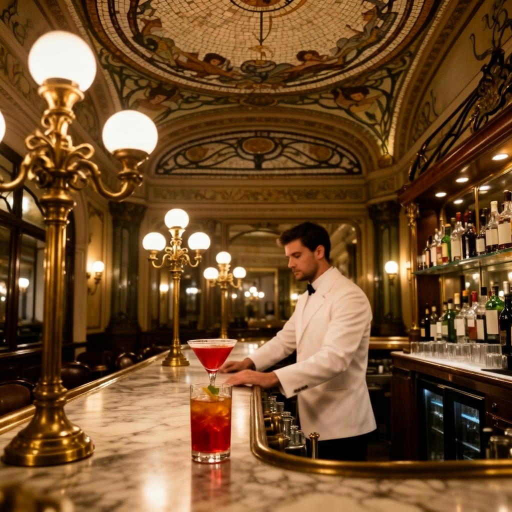 Camparino in Galleria Milan classical Liberty Art Nouveau aperitivo bar interior with mosaic ceiling, brass fittings, marble counter and a white-jacketed barman at golden hour