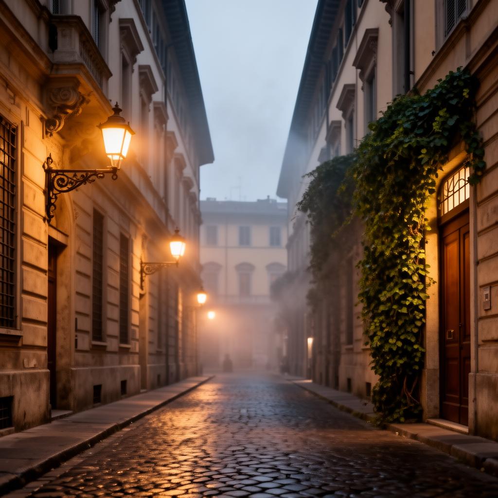Brera district Milan at dusk with narrow cobblestone street, warm lamplight on classical stucco facades, ivy on a doorway and soft mist