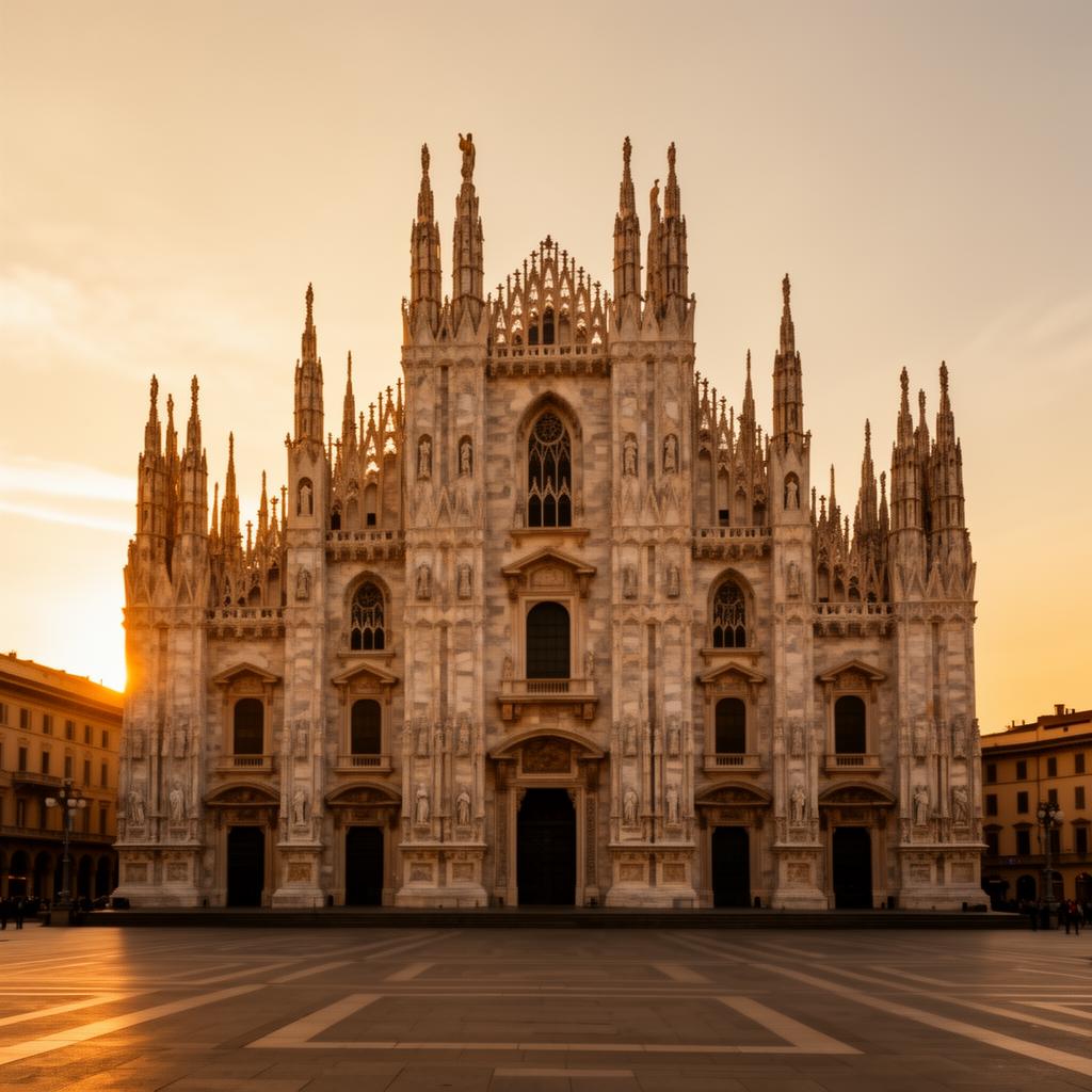 Duomo of Milan cathedral Gothic facade at golden hour with intricate marble spires and statues catching the late light over an empty piazza