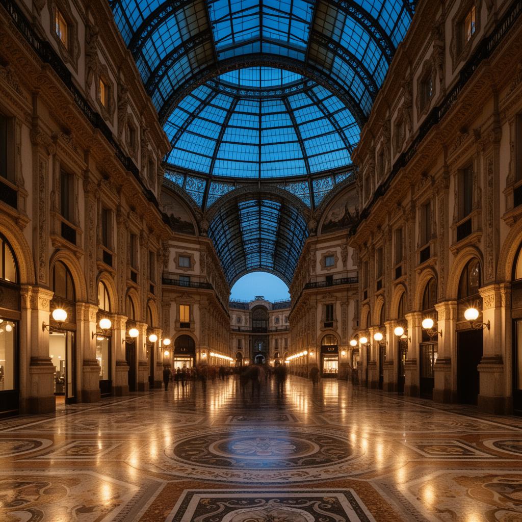 Galleria Vittorio Emanuele II Milan interior at dusk with iron and glass dome, mosaic marble floor, warm pendant lamplight and classical stucco facades
