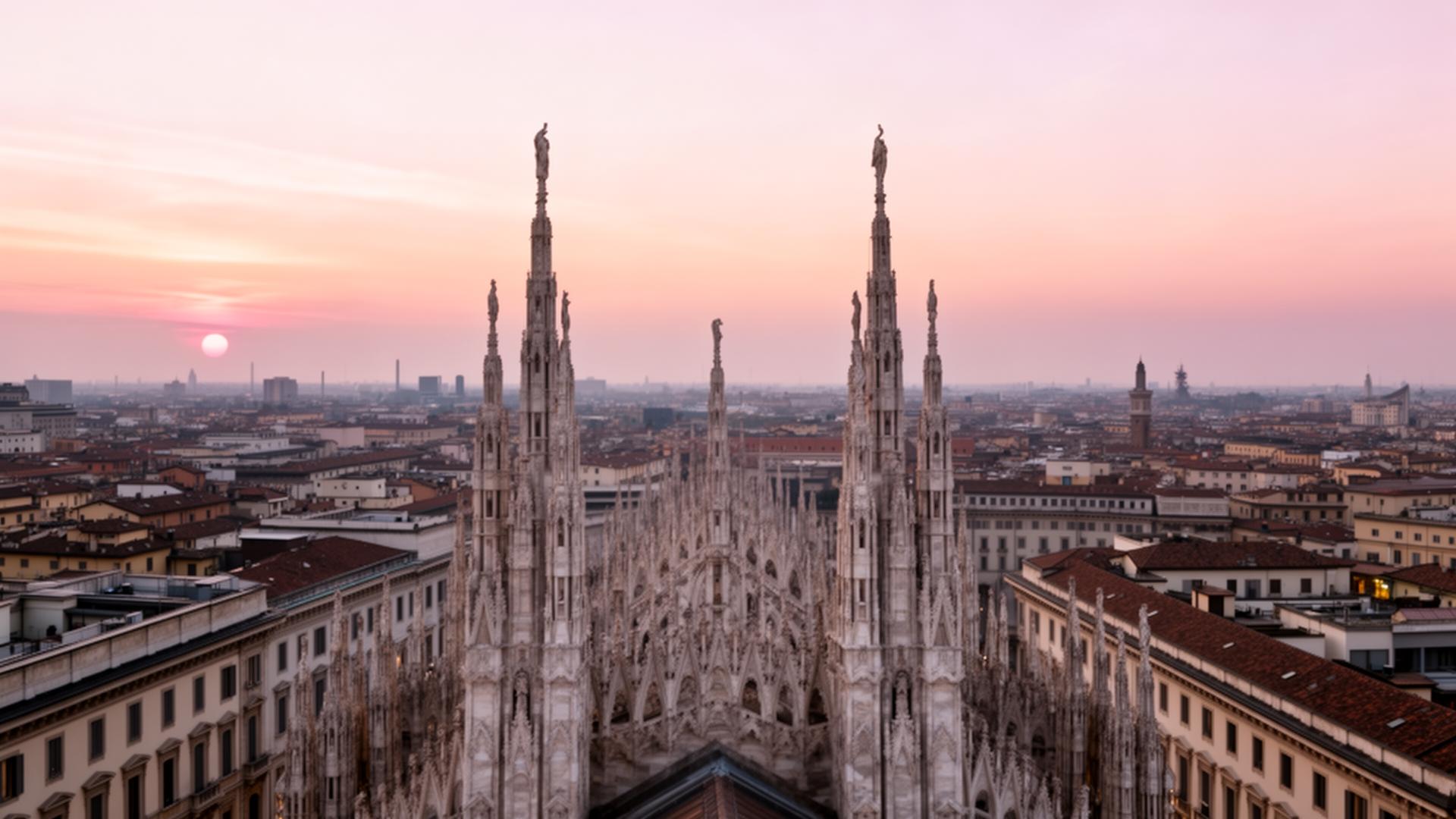 Milan panorama at first light from a rooftop with the Duomo cathedral spires in the foreground and a soft pastel sunrise sky