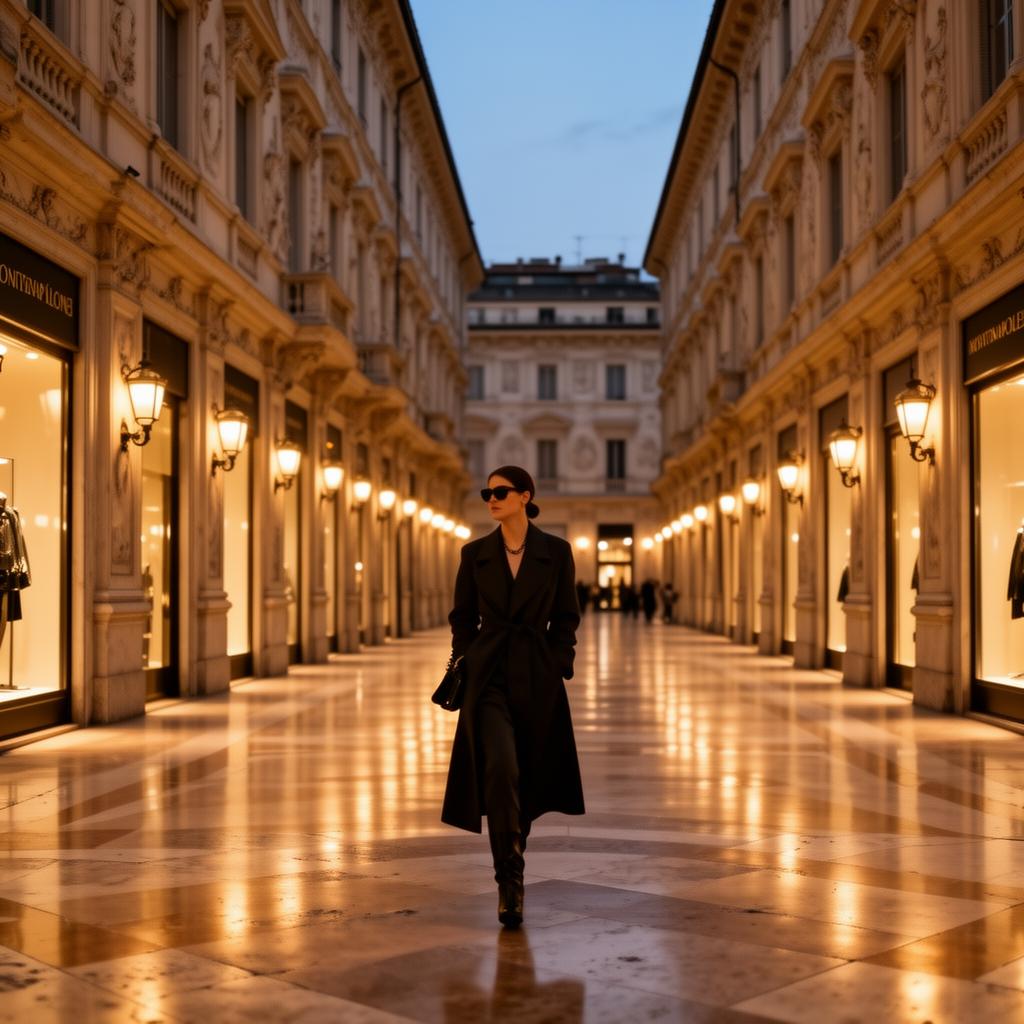 Quadrilatero della Moda Milan Via Montenapoleone at dusk with refined classical stucco facades, warm lamplight, polished stone pavement and an elegant figure walking