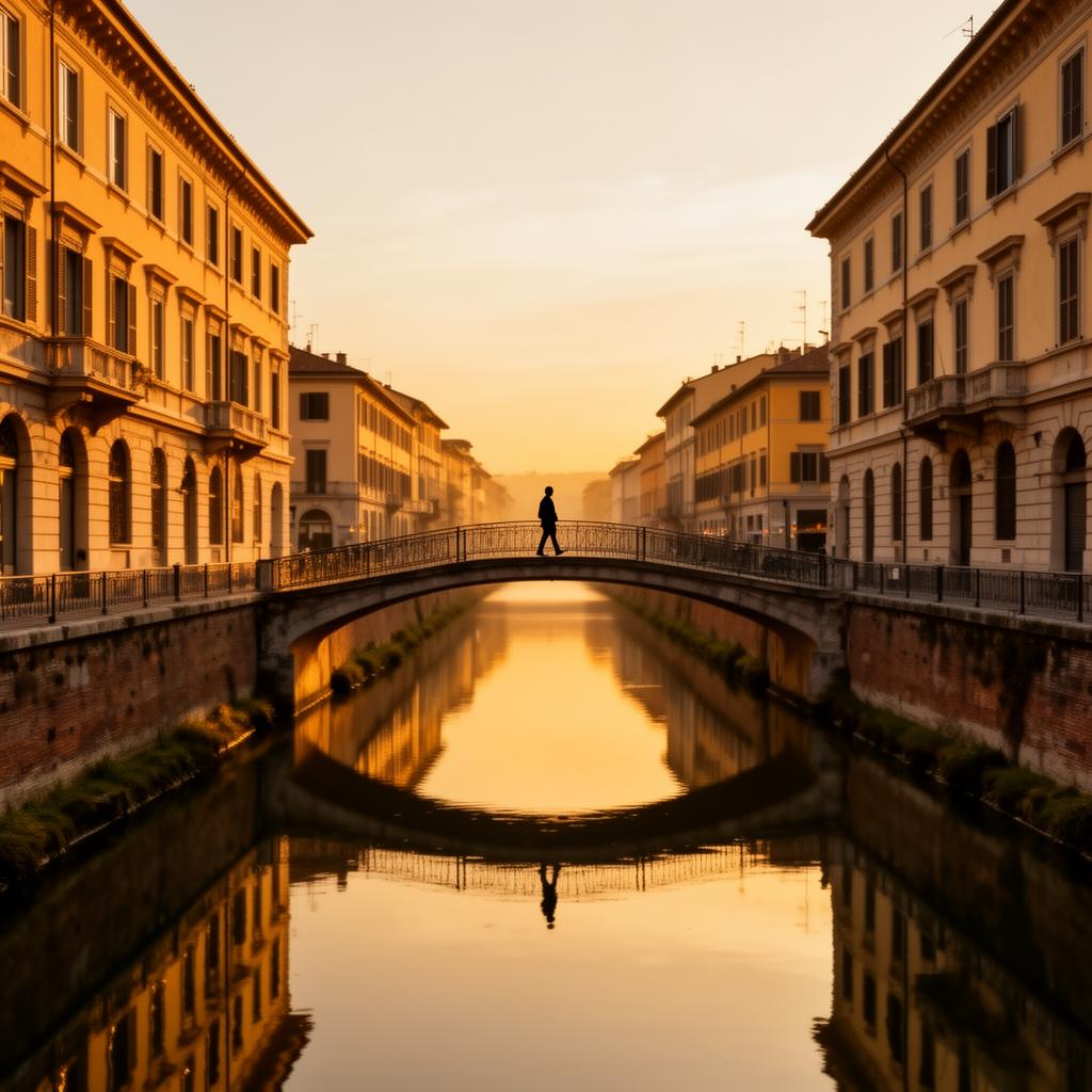 The Navigli canal of Milan at golden hour with reflections in the still water, classical Lombard buildings on both sides and a lone figure on a footbridge
