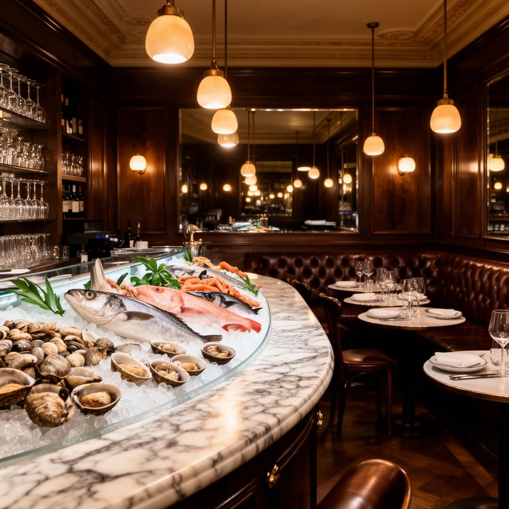 Langosteria Milan iconic seafood restaurant interior with marble counter, ice display of crudo and shellfish, dark wood, leather banquettes and warm pendant lighting