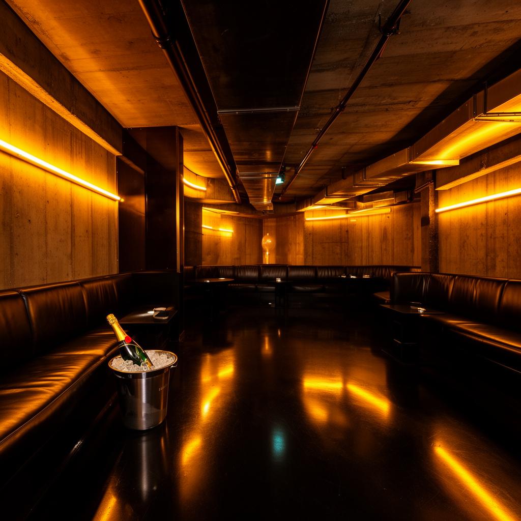 Plastic Milan iconic late-night nightclub interior with dramatic warm amber LED lighting, dark concrete and steel, leather banquettes, polished black floor and a single bottle of champagne in an ice bucket