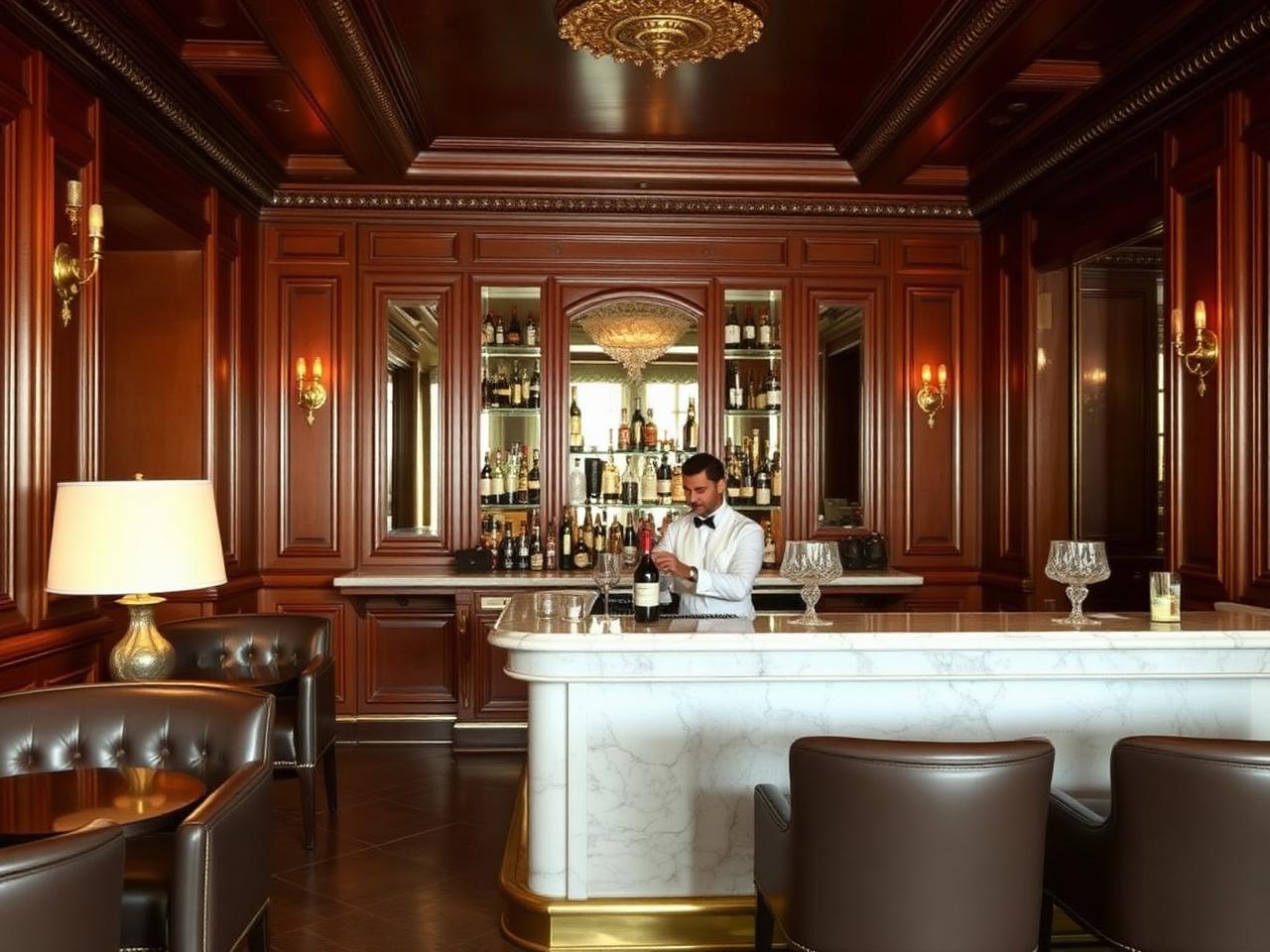 Le Bar Américain Monte-Carlo refined classical hotel cocktail bar interior at the Hôtel de Paris with mahogany paneling, brass fittings, leather banquettes and a white-jacketed bartender at a marble counter