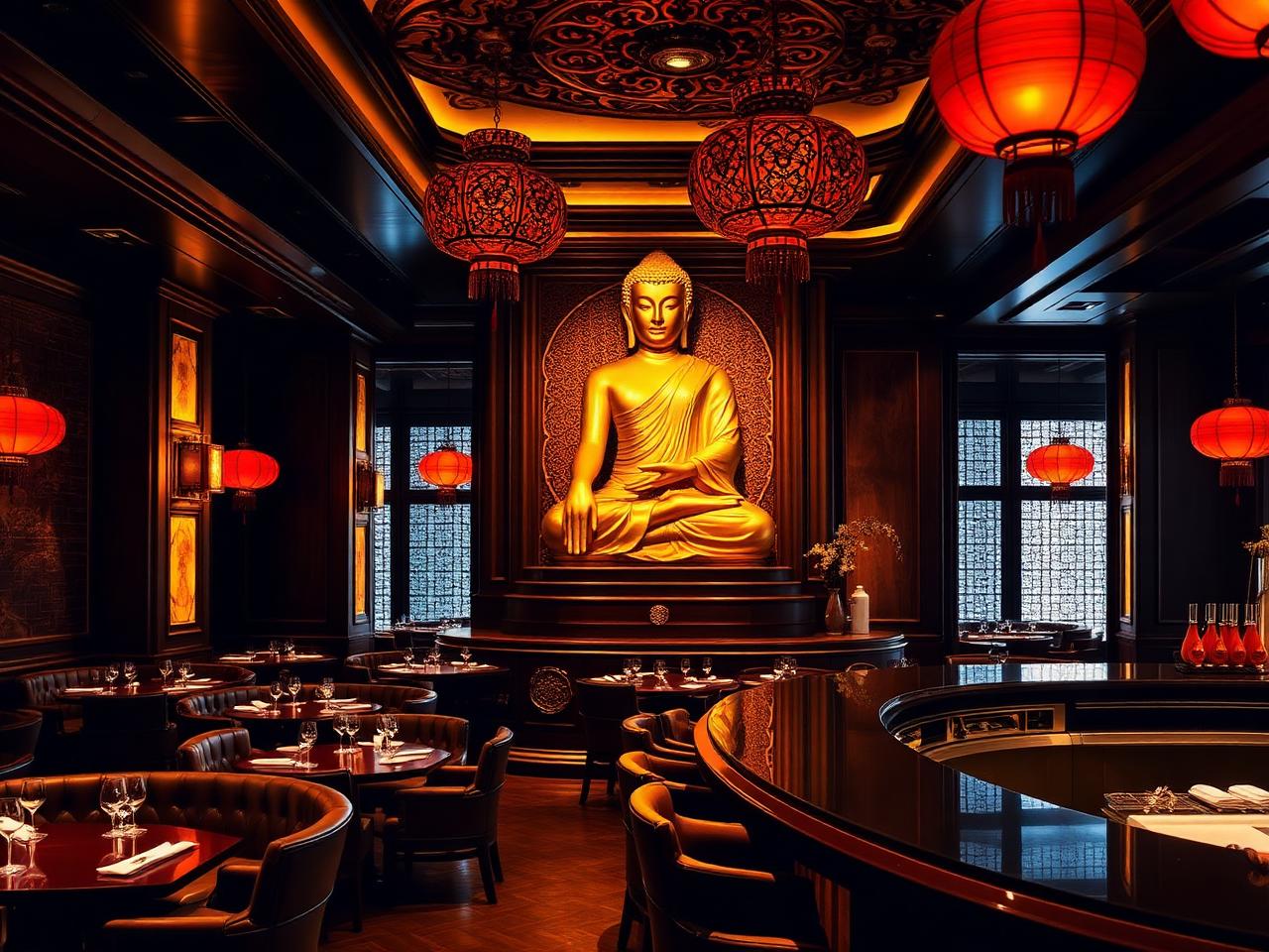 Buddha-Bar Monte-Carlo refined upscale Asian inspired lounge restaurant interior with dramatic warm amber lighting, dark wood, leather banquettes, a giant golden Buddha sculpture and ornate red lanterns