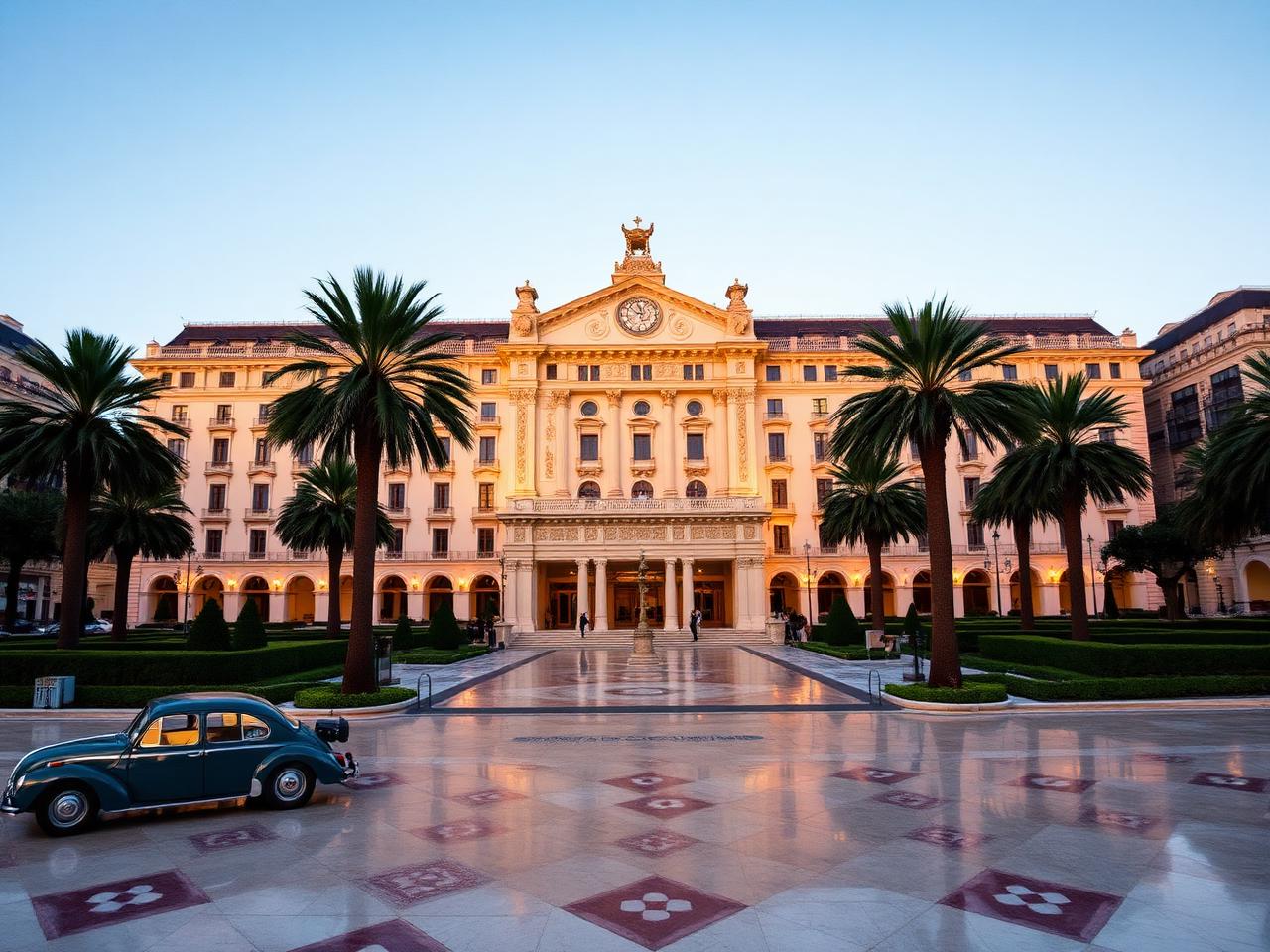 Place du Casino in Monte-Carlo at golden hour with the iconic Belle Époque Casino de Monte-Carlo facade, manicured gardens, polished marble plaza, palm trees and vintage cars