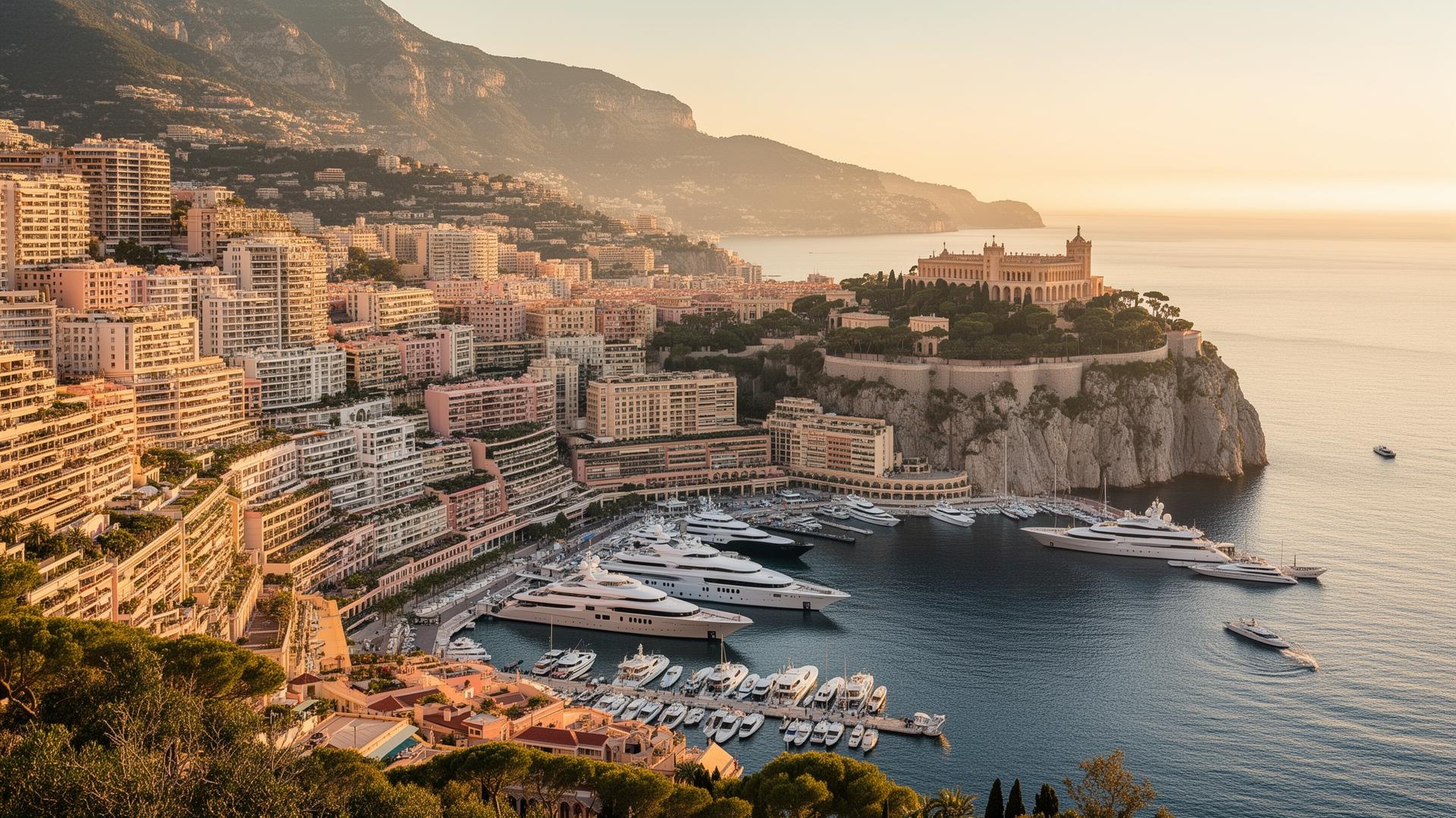 Panoramic morning view of Monaco from the Tête de Chien with the principality below, pastel and white high-rise apartments terraced down to Port Hercule, the Rock with the palace and the Mediterranean glittering
