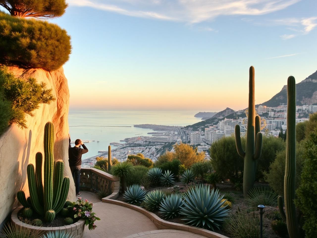 Jardin Exotique de Monaco at golden hour with sculpted cacti and succulent gardens cascading down a cliff and a panoramic view of the principality and the Mediterranean below