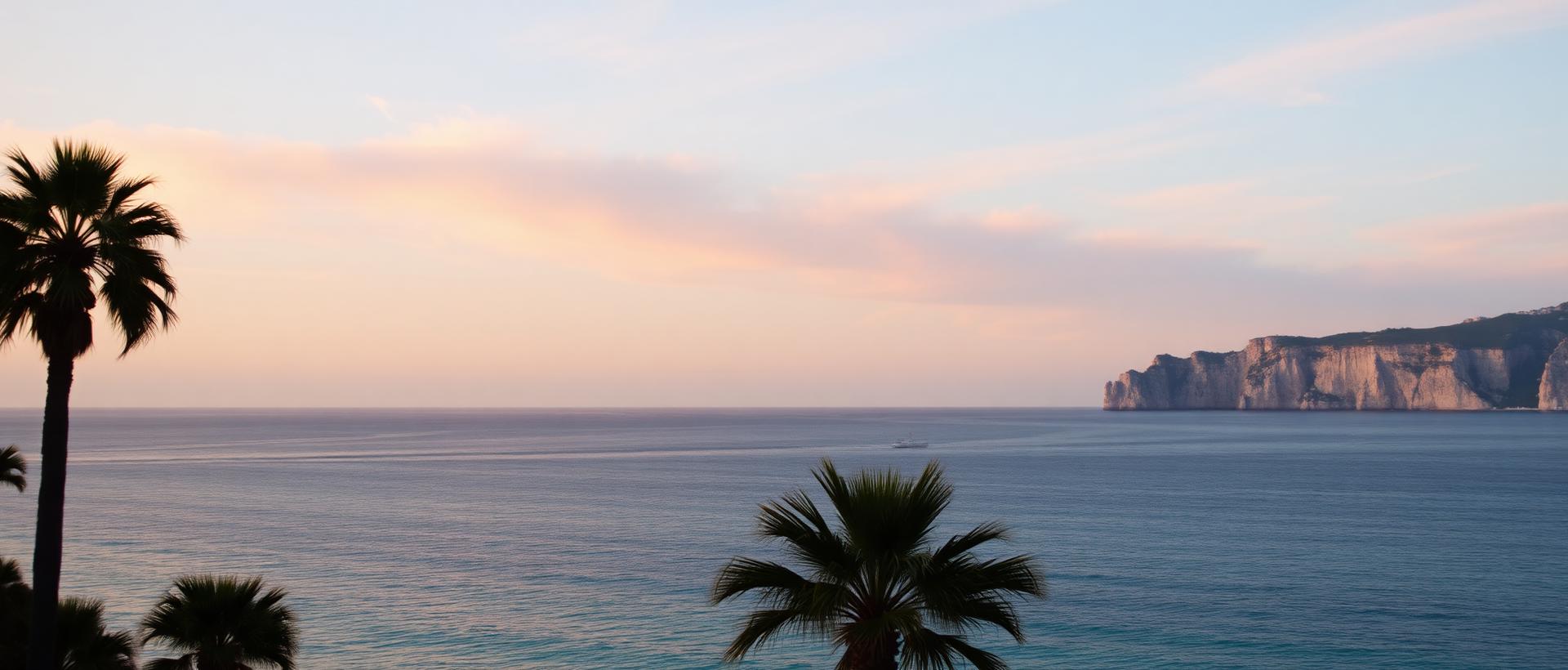 The Mediterranean off Monaco at last golden light with the turquoise sea reflecting soft pink and gold sky, palm trees silhouetted and the cliffs of Cap-Martin faint on the horizon