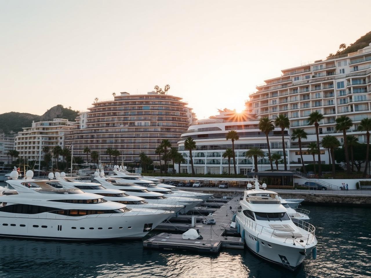 Port Hercule in Monaco at golden hour with white super-yachts moored along the quay, the pastel and white high-rise apartments terraced up the cliff behind, palm trees and the Mediterranean