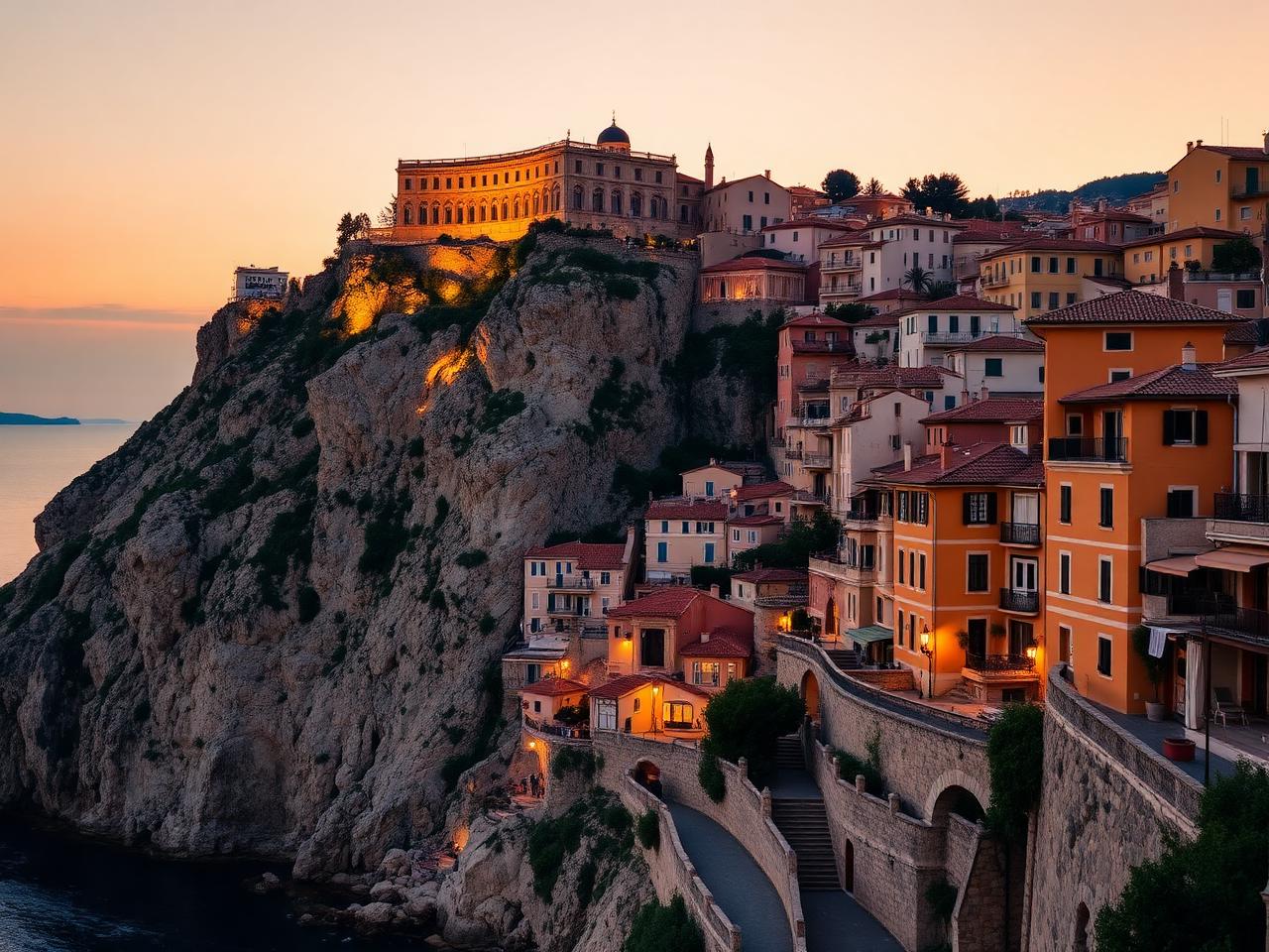 Rock of Monaco at dusk with the Prince's Palace on top, narrow medieval cobblestone streets, ochre and pastel Provençal stone houses, terracotta tile roofs and warm lamplight