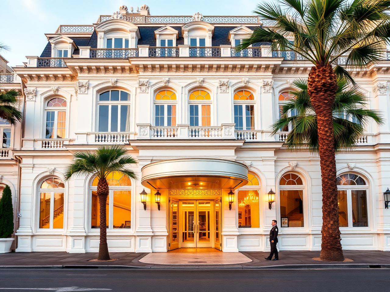 Hôtel de Paris Monte-Carlo iconic grand white Belle Époque luxury palace hotel facade on the Place du Casino at golden hour with ornate stucco and a uniformed doorman