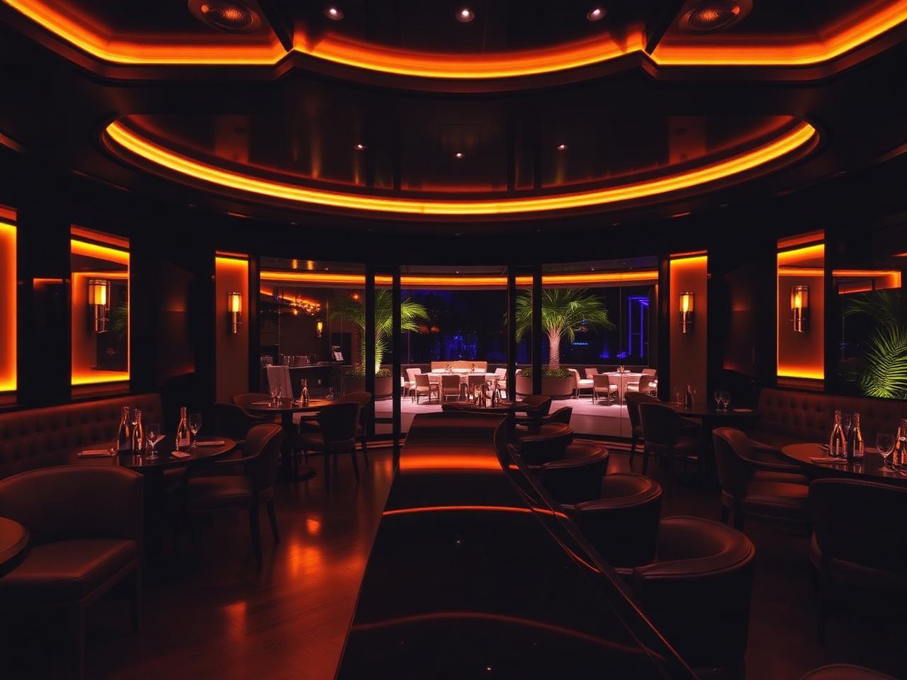 Jimmy'z Monte-Carlo iconic refined upscale nightclub interior with dramatic warm amber LED lighting, dark surfaces, leather banquettes, polished bar with champagne buckets and glass walls onto a garden terrace at night
