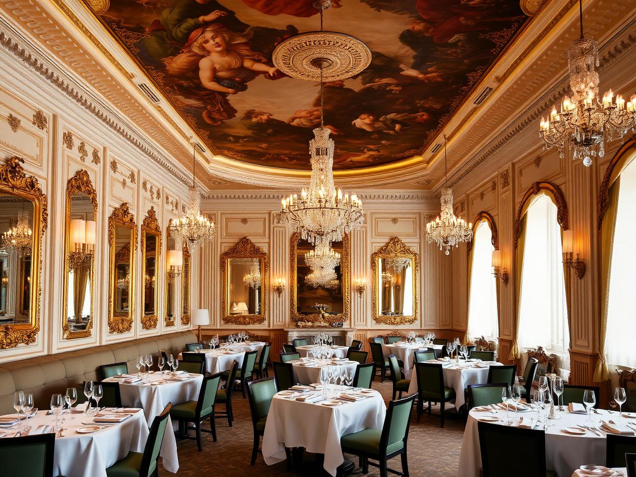 Le Louis XV Alain Ducasse refined three Michelin star fine dining room interior at the Hôtel de Paris Monte-Carlo with grand belle époque design, soaring frescoed ceiling, crystal chandeliers, gilded mirrors and white tablecloths