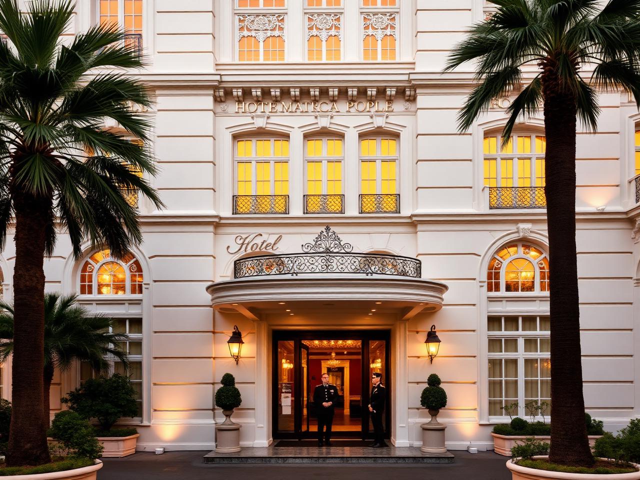 Hôtel Métropole Monte-Carlo iconic grand white Belle Époque luxury palace hotel facade at golden hour with ornate stucco, warm-glowing windows, manicured front gardens, palm trees and a uniformed doorman