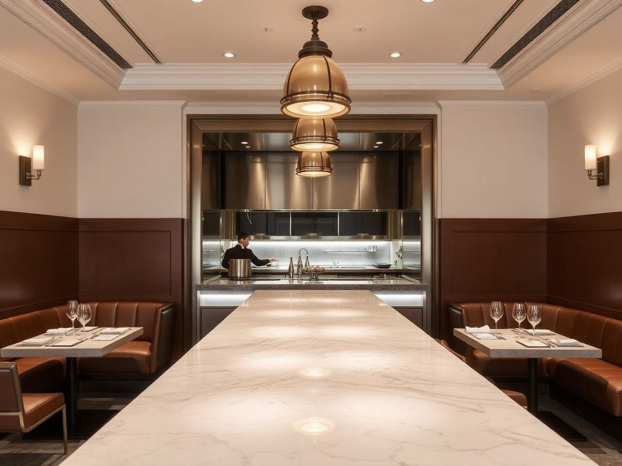Pavyllon Monte-Carlo by Yannick Alléno refined Michelin-starred fine dining counter interior at the Hôtel Hermitage Monte-Carlo with polished marble counter, open kitchen, leather banquettes and warm pendant lighting