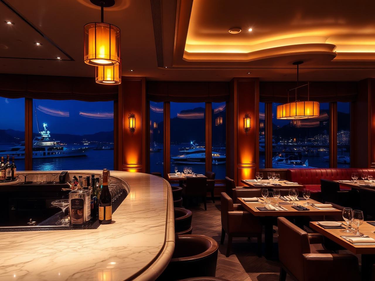 Twiga Monte Carlo refined upscale Italian restaurant lounge interior at Port Hercule with dramatic warm amber lighting, polished marble bar, leather banquettes and large windows onto the harbour at night