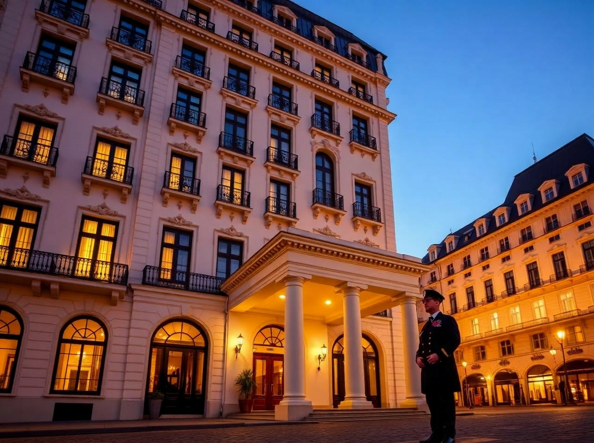 Hotel Bayerischer Hof Munich grand classical luxury hotel facade at dusk on Promenadeplatz