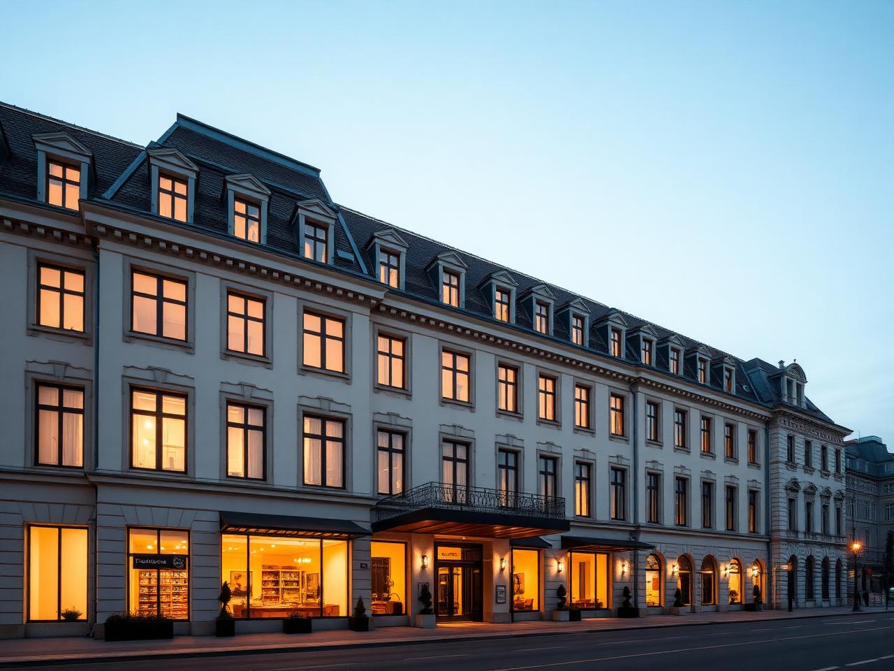 The Charles Hotel Munich Rocco Forte refined contemporary luxury hotel facade at dusk with warm illuminated windows in elegant restored historic building