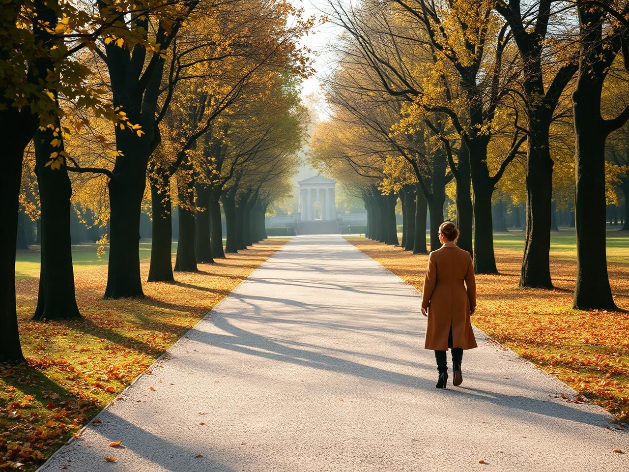 Englischer Garten Munich in autumn grand 18th century park with tree-lined gravel path, golden chestnut and beech leaves, an elegant figure walking and the Monopteros temple visible in the distance