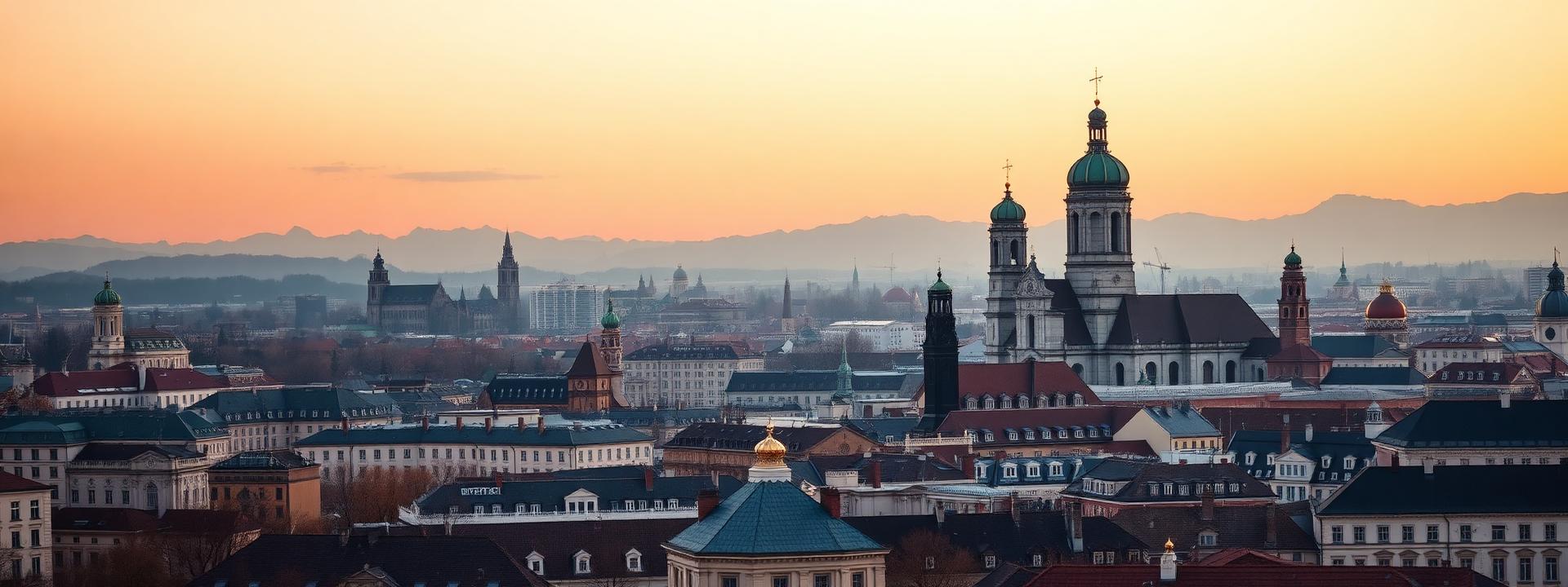 Munich panorama at first light with the historic city skyline, the twin onion domes of the Frauenkirche and the Alps visible on the soft horizon under a pastel sunrise sky