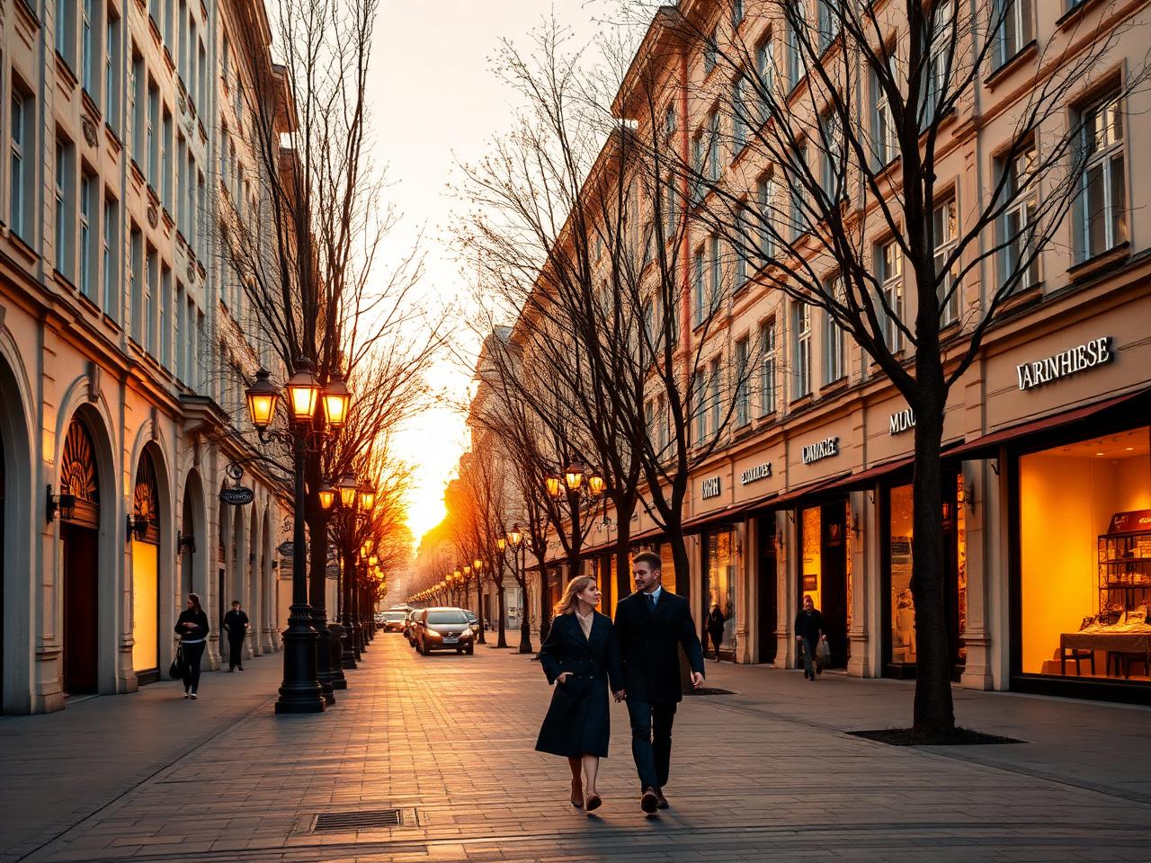 Maximilianstraße Munich elegant tree-lined neo-gothic boulevard at golden hour with refined chestnut trees, luxury boutique storefronts and a sophisticated couple walking
