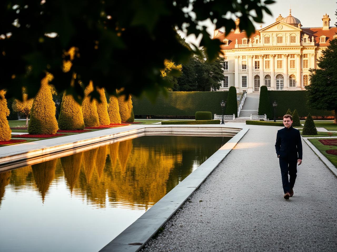 Nymphenburg Palace Munich at golden hour grand baroque palace facade reflected in the long canal with refined formal gardens and topiary