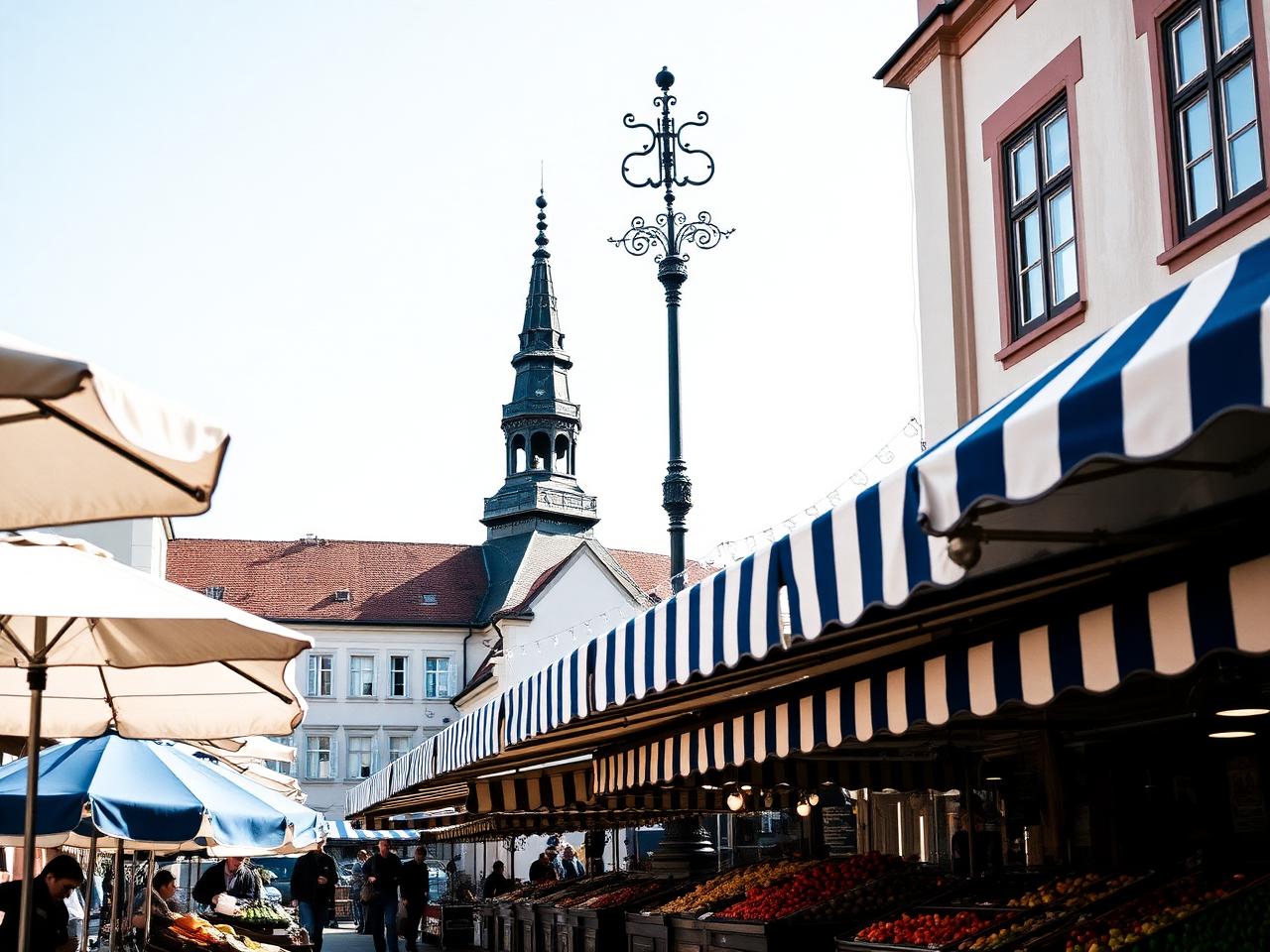 Viktualienmarkt Munich refined open air food market with traditional white and blue striped umbrellas, fresh produce stands and the maypole in the background