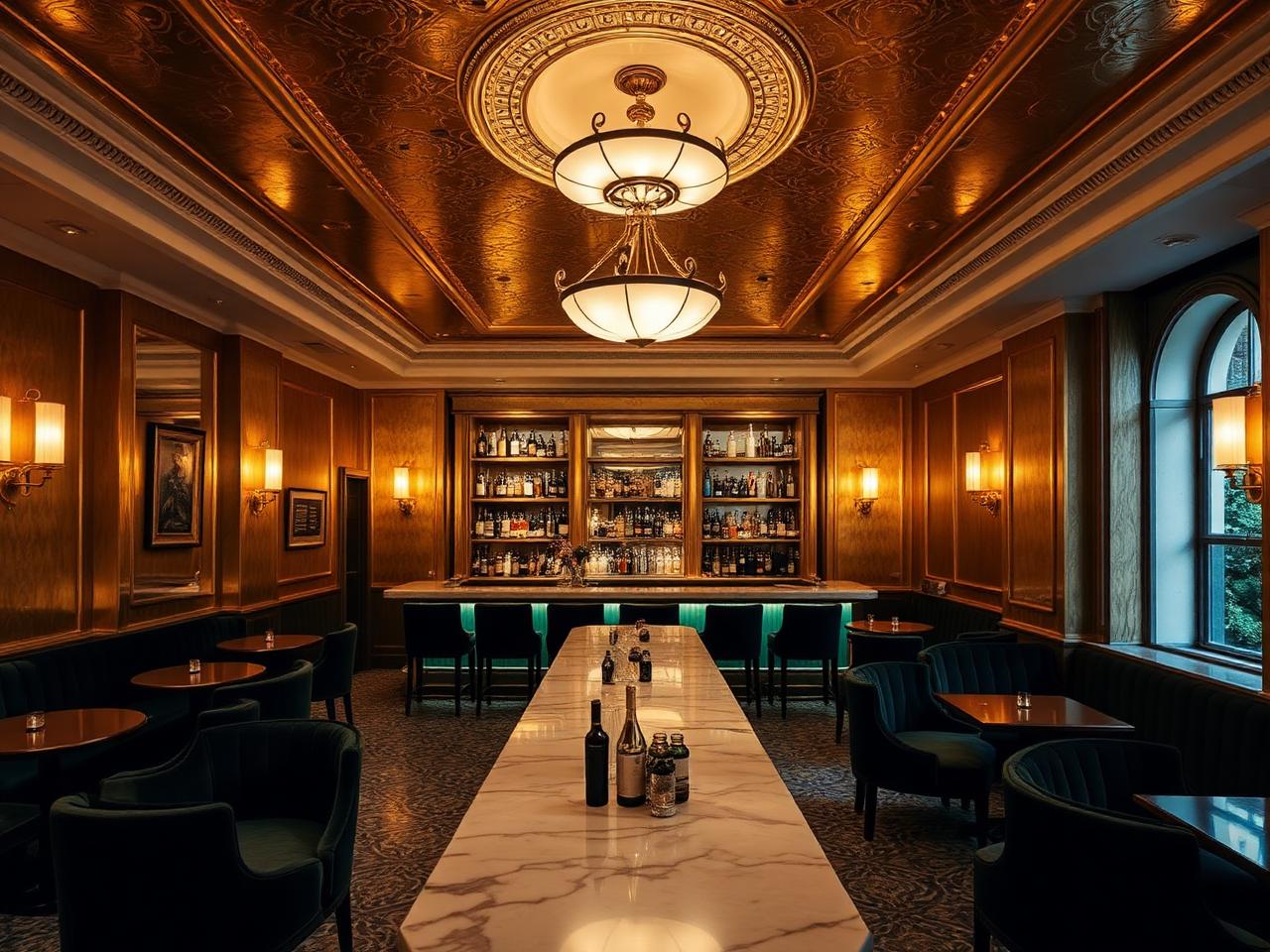 Die Goldene Bar Munich at Haus der Kunst refined art deco cocktail bar with gold leaf walls and ceiling, marble counter and warm dim pendant lighting