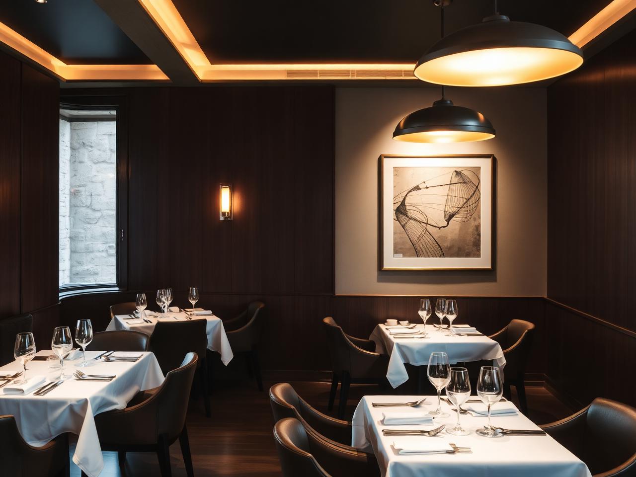 JAN restaurant Munich Lehel refined three Michelin star contemporary fine dining interior with minimalist dark wood paneling and warm pendant lighting