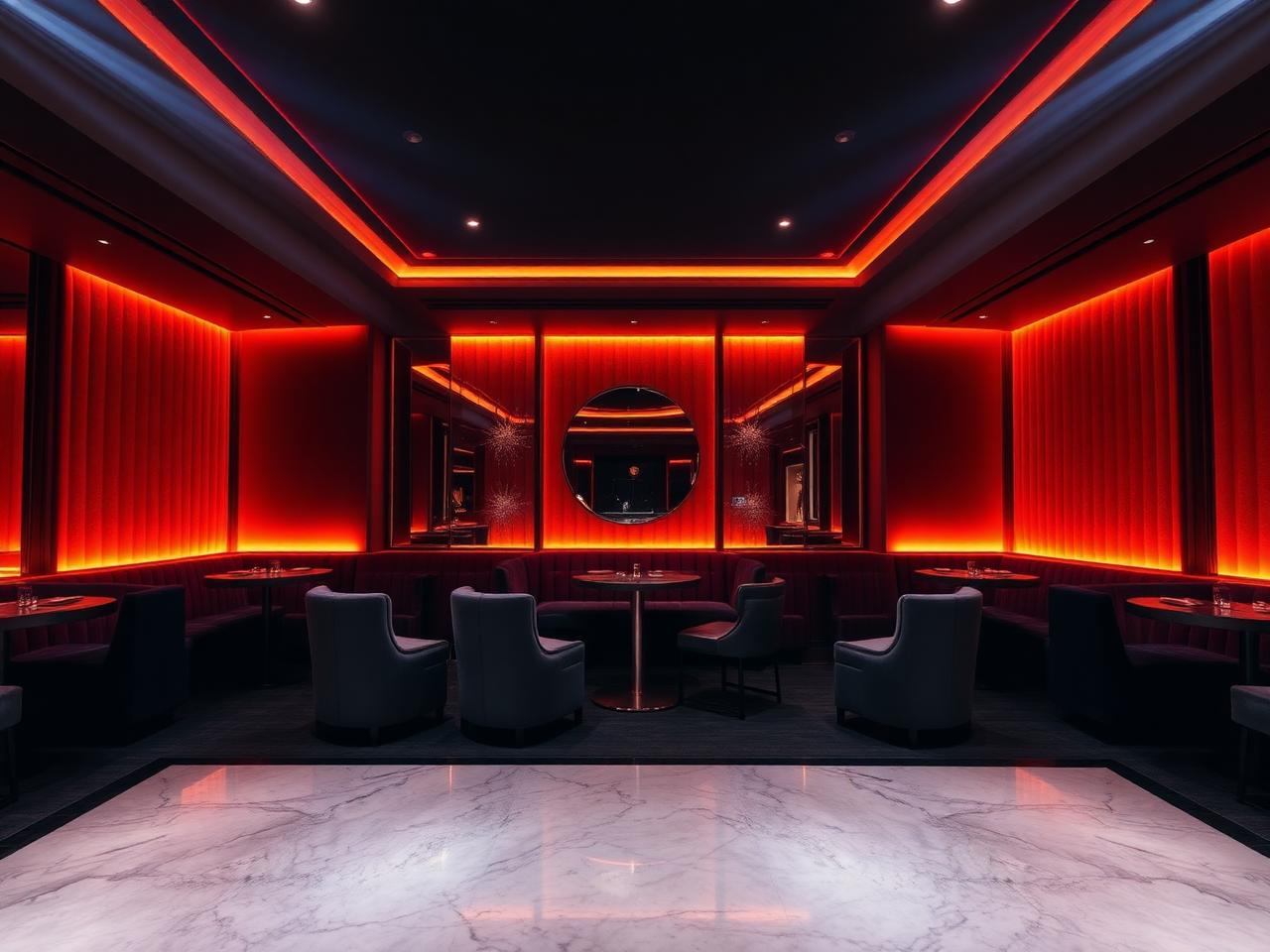 P1 nightclub Munich refined exclusive nightclub interior with dramatic warm amber LED lighting, elegant velvet booth seating and polished marble dance floor