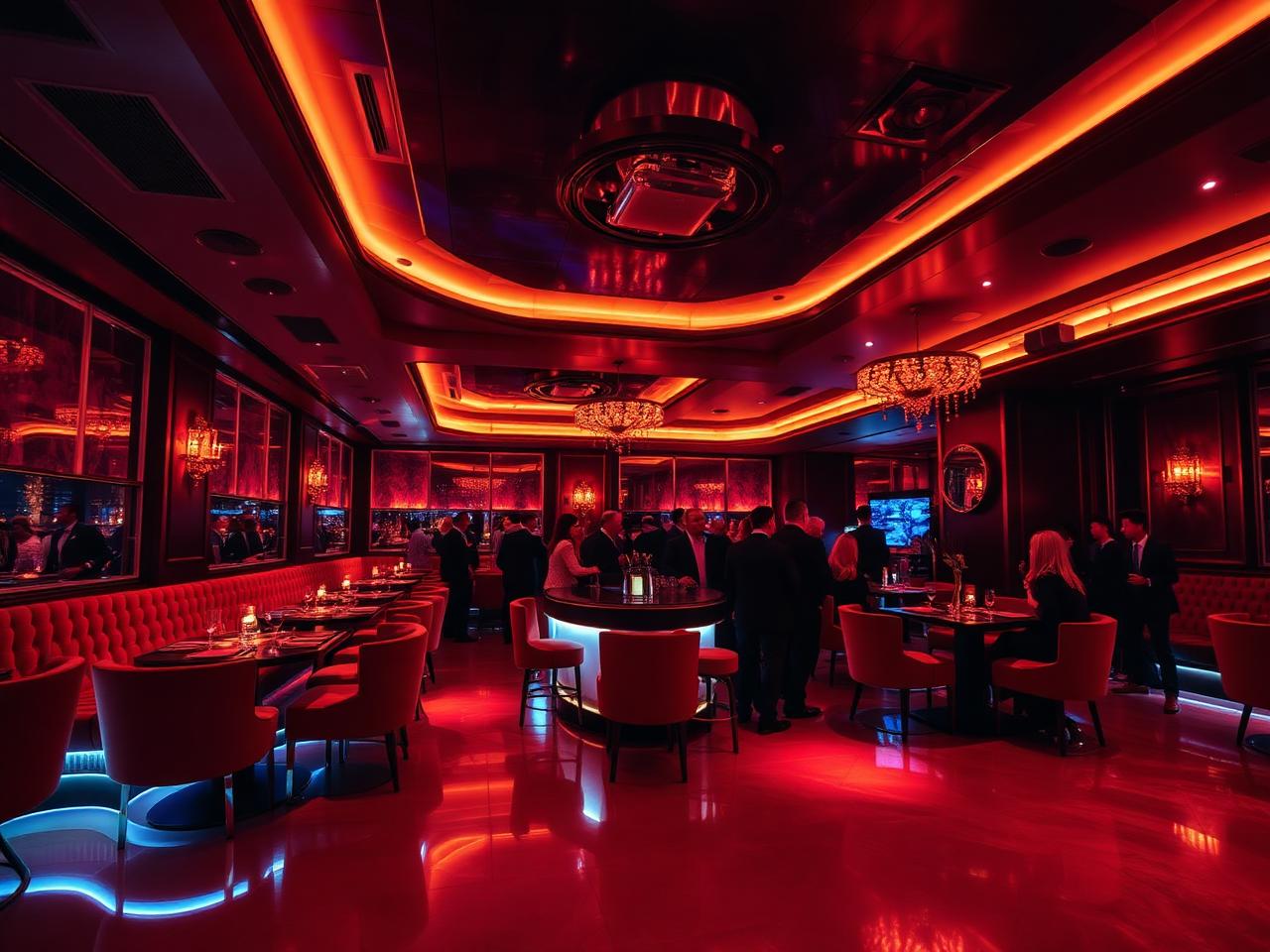 Pacha München refined upscale nightclub interior with dramatic warm atmospheric LED lighting, elegant velvet booth seating and polished dance floor