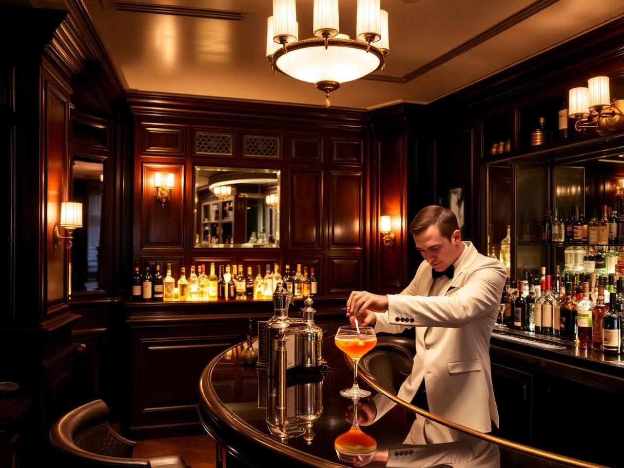 Schumann's Bar Munich refined classical cocktail bar with dark wood paneling, brass fixtures and white-jacketed bartender mixing a cocktail