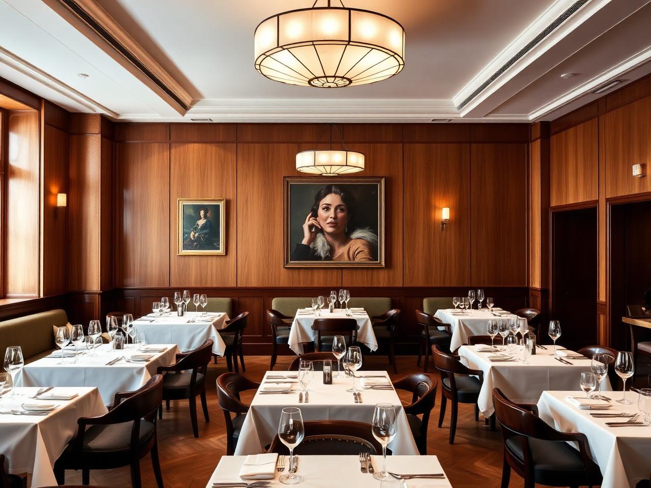 Tantris restaurant Munich Schwabing refined two Michelin star fine dining room with iconic 1970s modernist design, warm wood paneling and pendant lighting