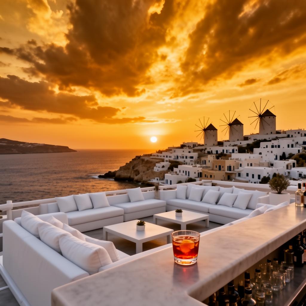 180 degrees Sunset Bar Mykonos panoramic terrace at sunset with refined white sofas overlooking the iconic Kato Mili windmills, the Aegean Sea and a dramatic golden orange sky