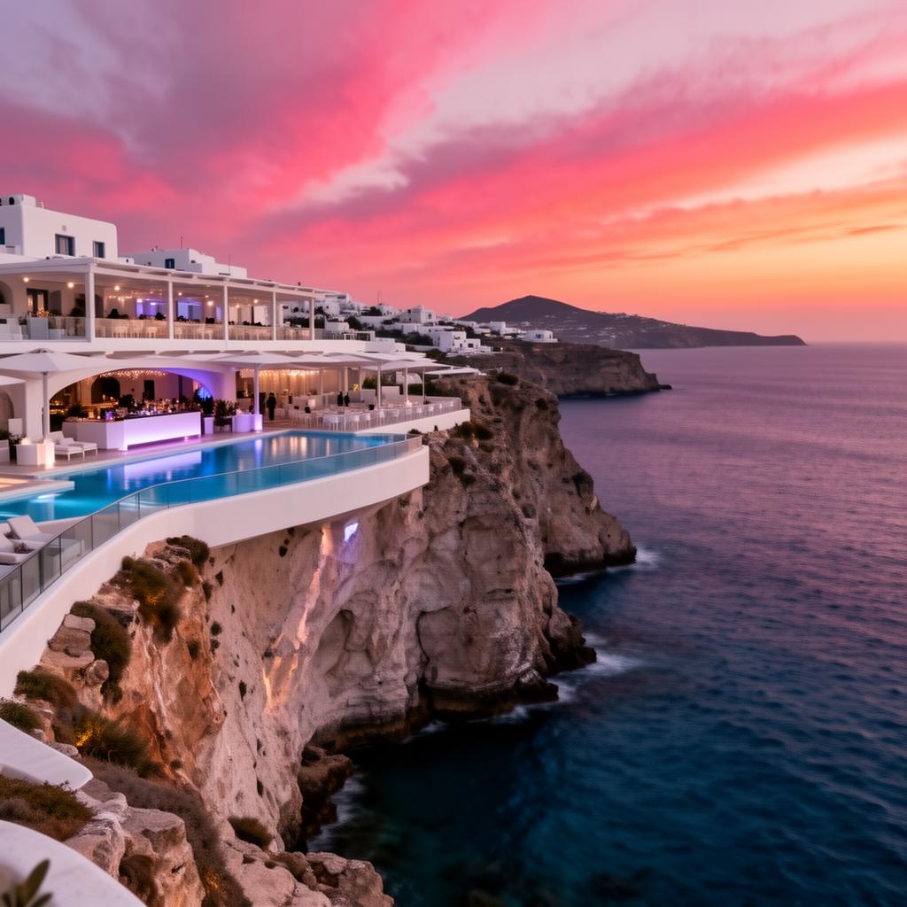 Cavo Paradiso clifftop nightclub Mykonos at sunset with iconic open-air dance club perched on a dramatic cliff above the turquoise Aegean Sea and a dramatic pink and orange dusk sky