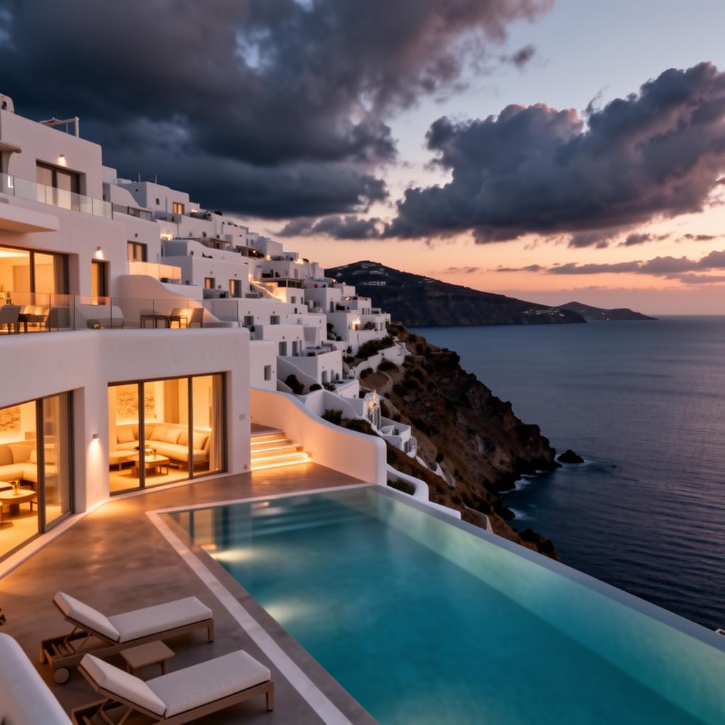 Cavo Tagoo Mykonos luxury hotel exterior at dusk with iconic modern white Cycladic architecture cascading down a cliff above the Aegean Sea and an infinity pool