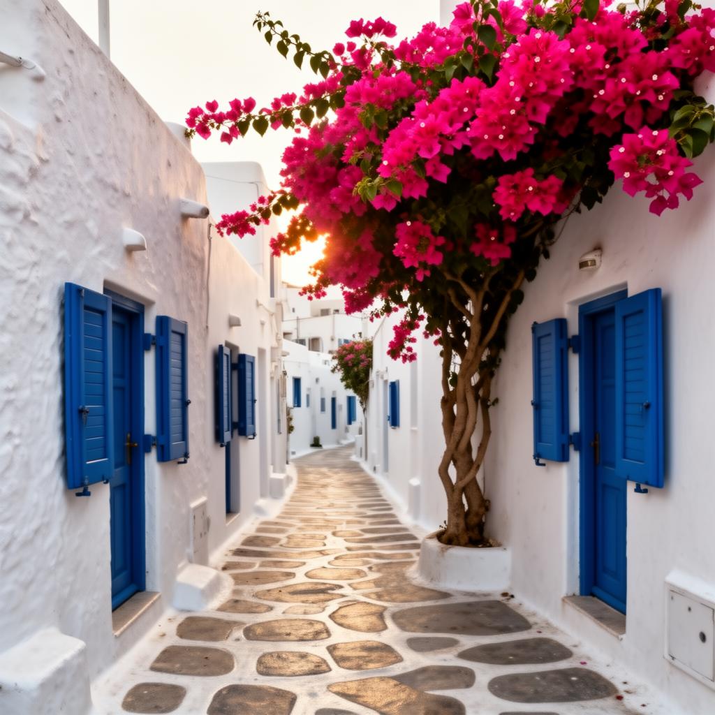 A narrow whitewashed alleyway in Chora Mykonos town with traditional Cycladic architecture, brilliant white walls, blue painted doors and shutters and vibrant pink bougainvillea cascading overhead