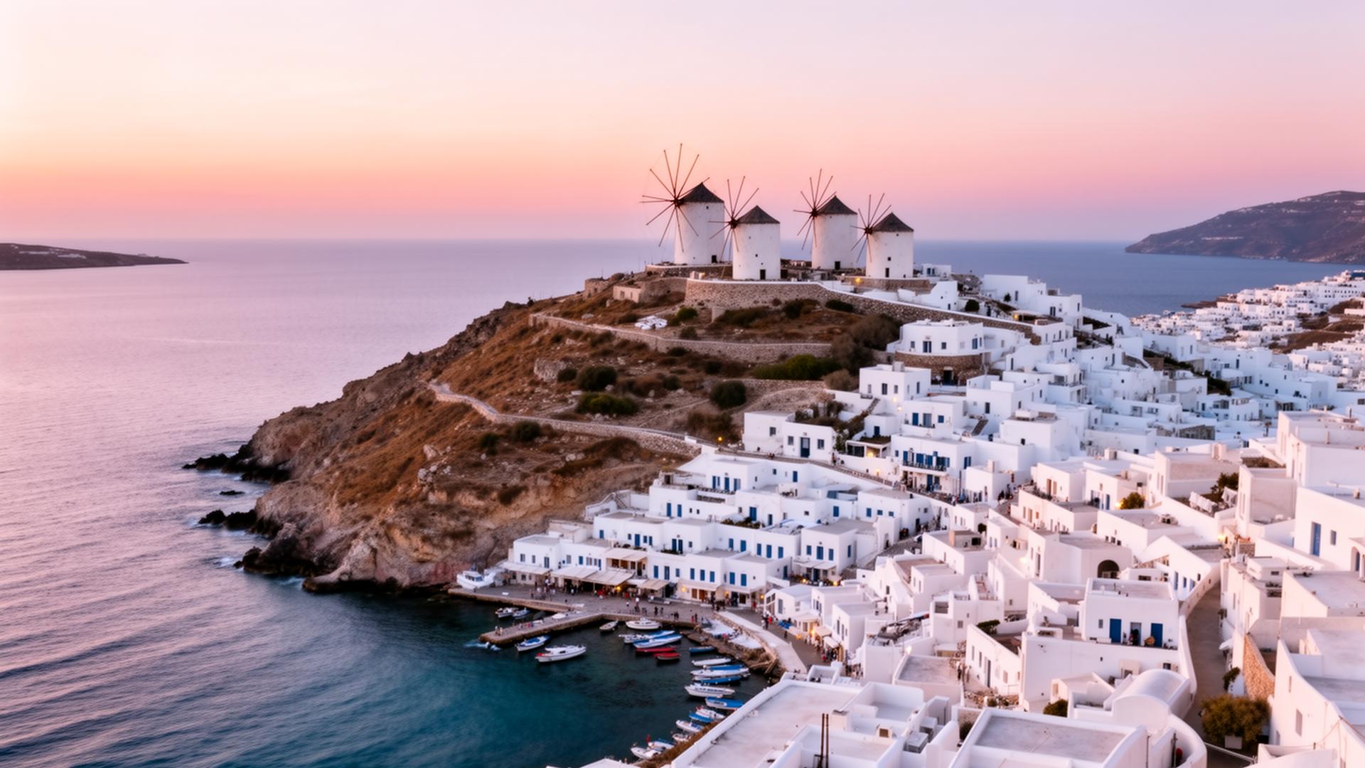 Mykonos panoramic view at first light from above with the iconic white windmills of Kato Mili on a hill overlooking the Aegean Sea and traditional Cycladic whitewashed buildings cascading down to the harbor