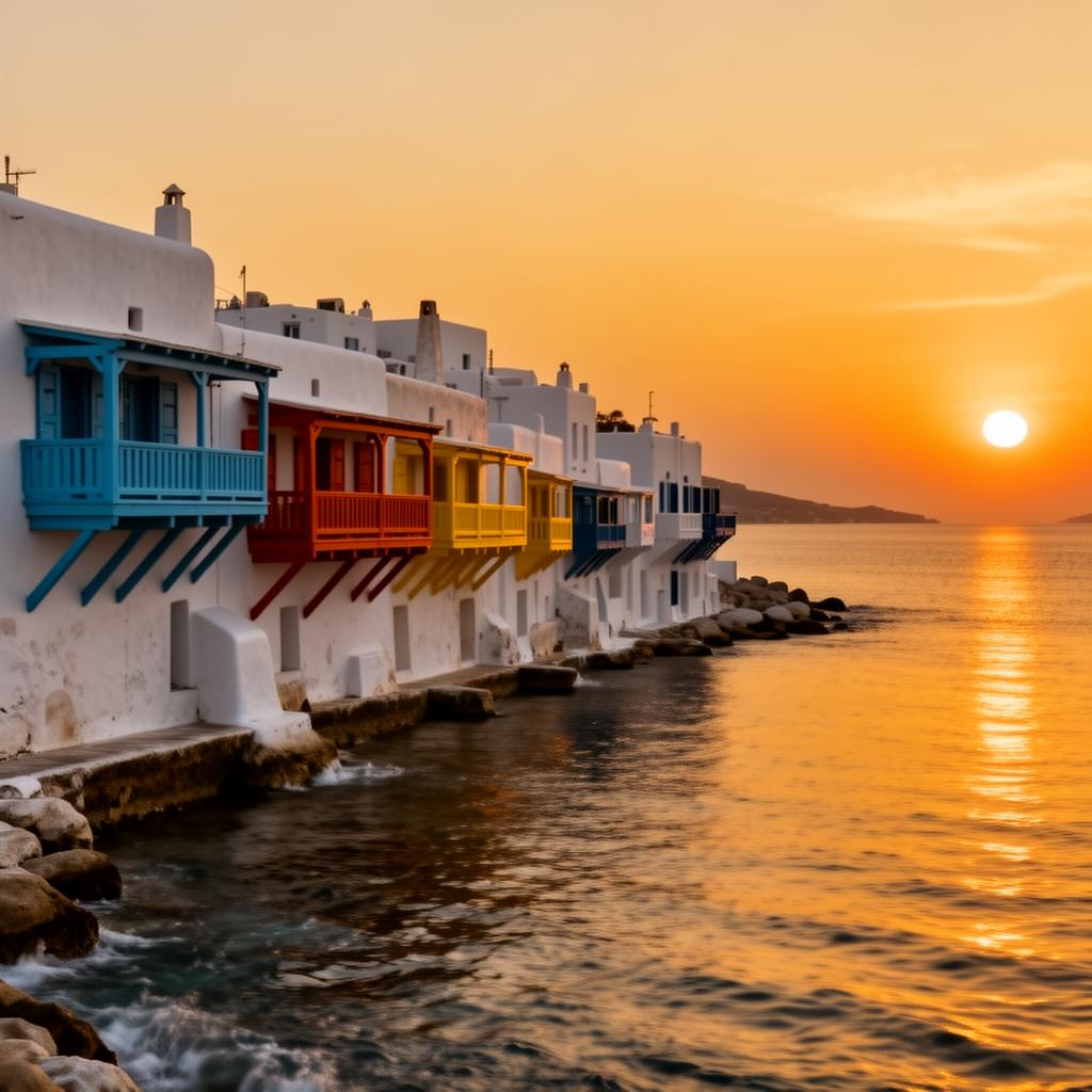 Little Venice Mykonos at sunset with traditional whitewashed Cycladic houses, colorful wooden balconies built directly above the lapping Aegean Sea and a golden orange sky reflecting on calm water