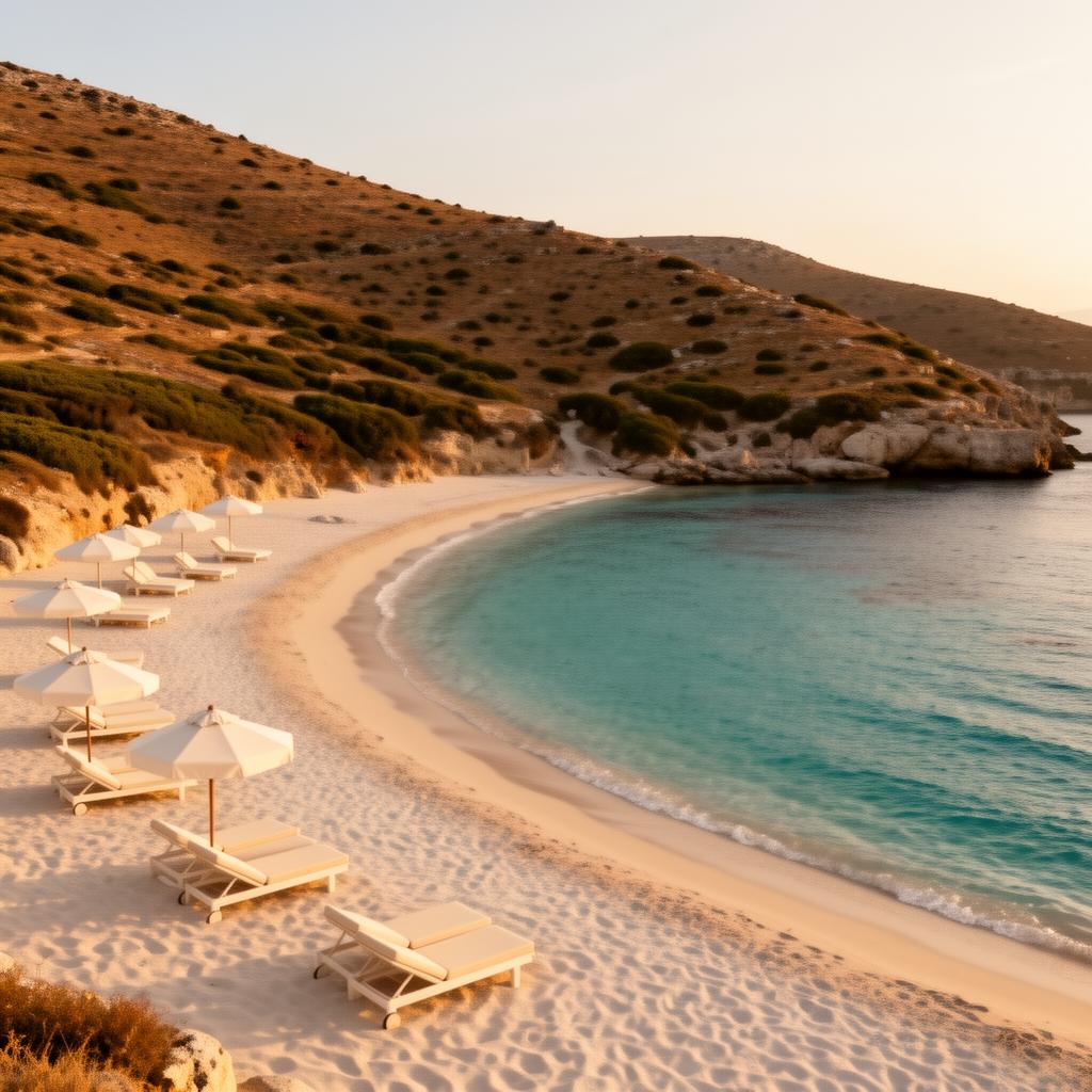 Psarou beach Mykonos at golden hour with a pristine crescent of pale sand, turquoise Aegean cove, elegant cream-colored sun beds and parasols and dry green hills behind