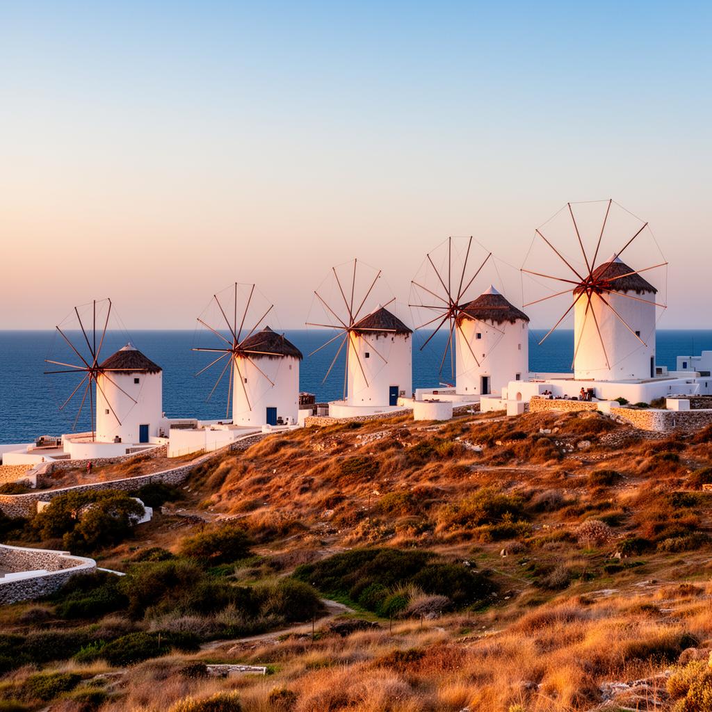 Kato Mili windmills of Mykonos at golden hour with a row of five traditional white round Cycladic windmills with thatched roofs on a grassy hill overlooking the deep blue Aegean Sea