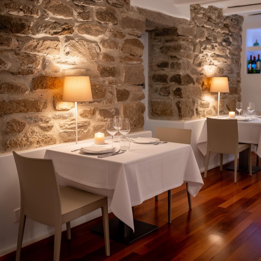 m-eating restaurant Mykonos town intimate refined contemporary Mediterranean fine dining interior with exposed stone walls, warm table lamps, white tablecloths and polished wood floors