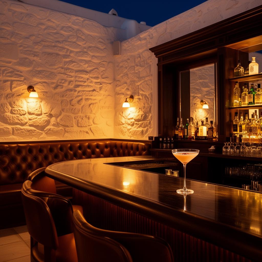 Queen of Mykonos refined upscale cocktail bar interior with warm amber lighting, white-washed Cycladic stone walls, dark wood mirrored back bar and leather banquettes at night