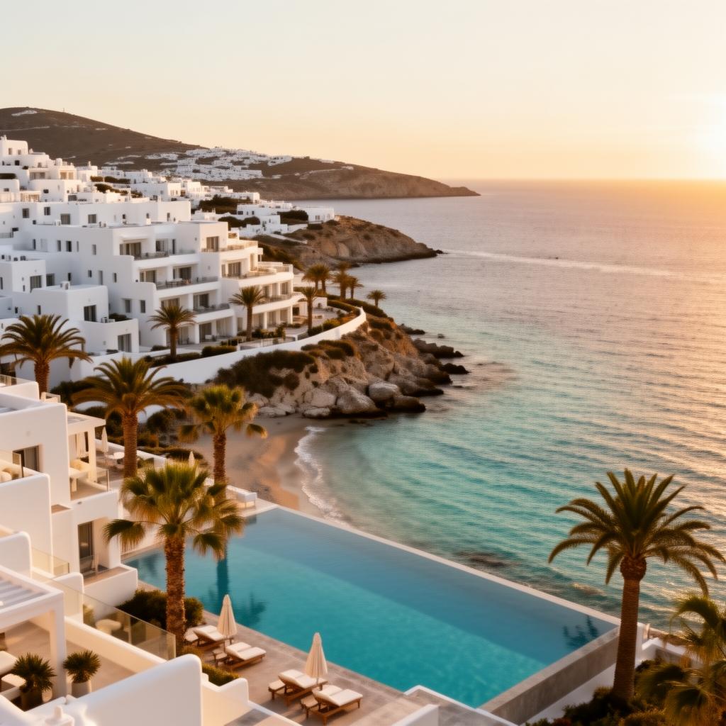 Santa Marina Resort Mykonos luxury hotel on Ornos Bay at golden hour with refined whitewashed Cycladic architecture, palm trees, a private bay and an infinity pool overlooking the turquoise Aegean Sea