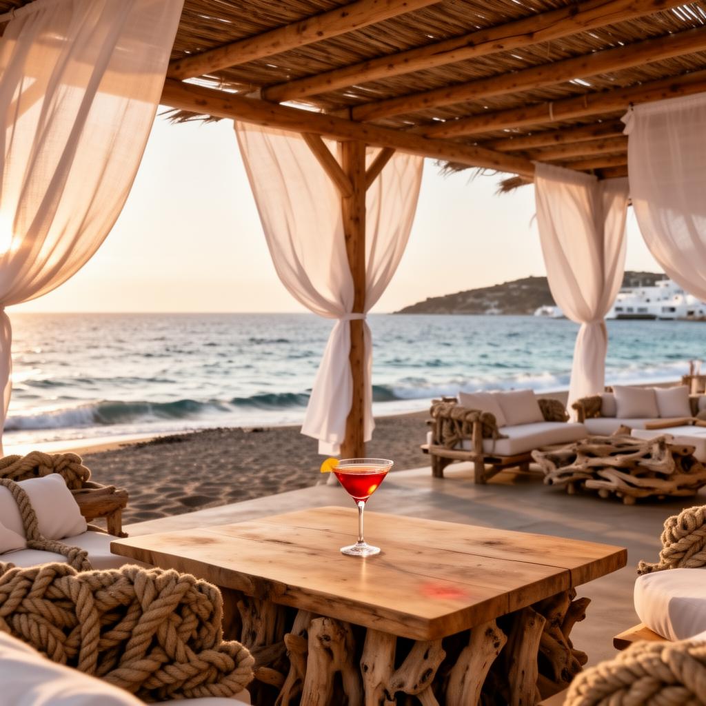 Scorpios Mykonos beach club at golden hour on Paraga beach with refined bohemian wooden architecture, thatched roof, low rope and driftwood furniture, white linen drapery and the Aegean Sea behind